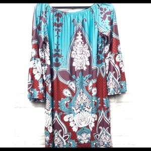 Boutique Paisley Bell Sleeves Tunic Dress Blue XL
